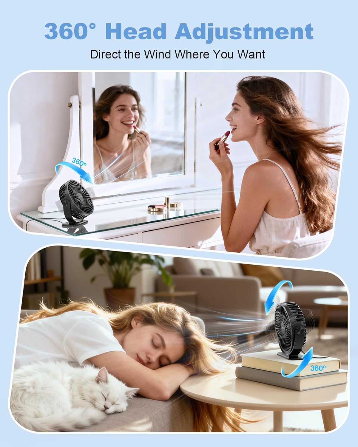 Desk Fan USB Powered Small Portable Fan, 3 Speeds Adjustable Strong Breeze Mini Personal Fans, 360° Rotation Quiet Plug In USB Fan - Black