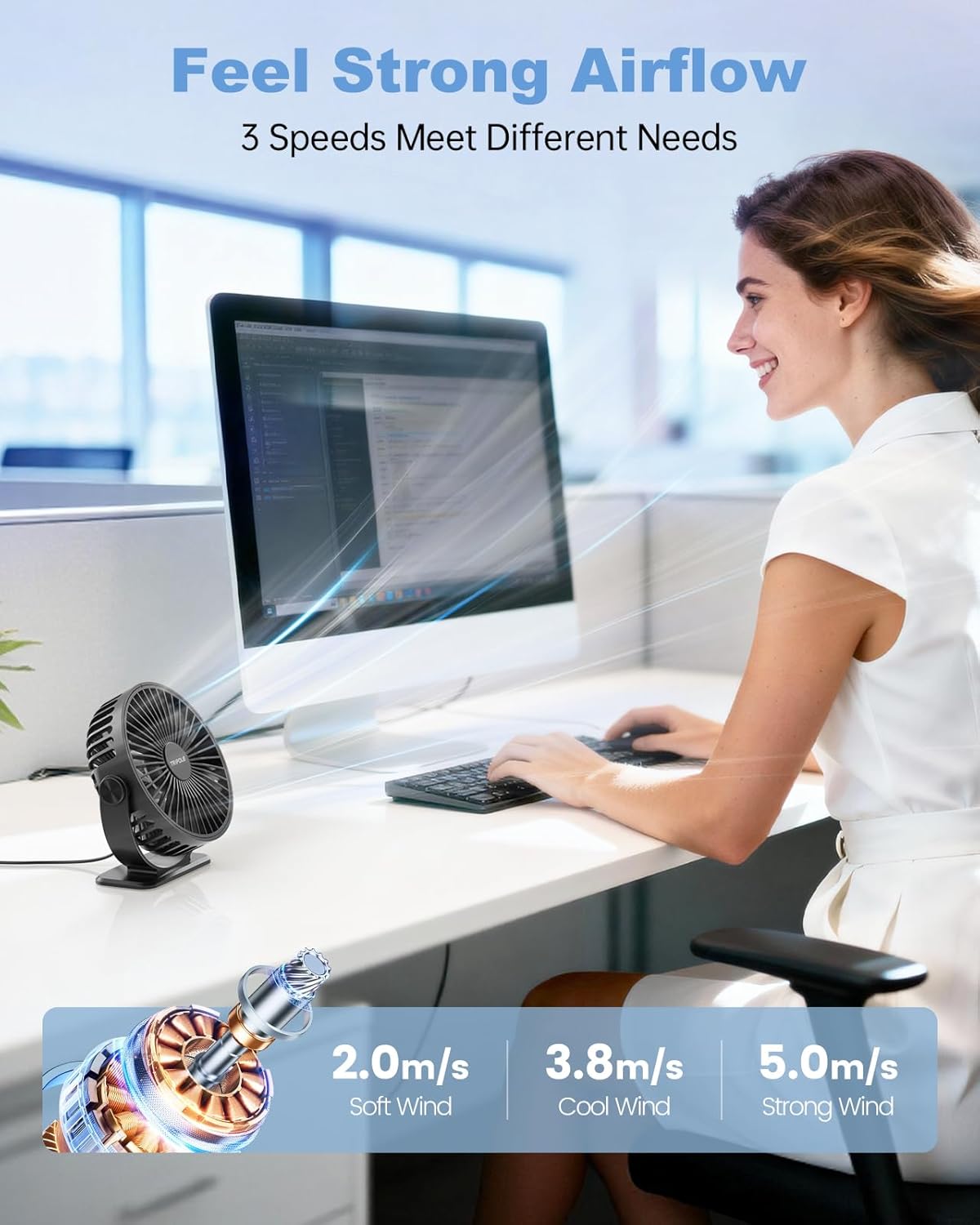 Desk Fan USB Powered Small Portable Fan, 3 Speeds Adjustable Strong Breeze Mini Personal Fans, 360° Rotation Quiet Plug In USB Fan - Black