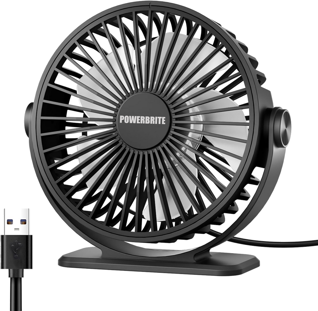 Desk Fan USB Powered Small Portable Fan, 3 Speeds Adjustable Strong Breeze Mini Personal Fans, 360° Rotation Quiet Plug In USB Fan - Black
