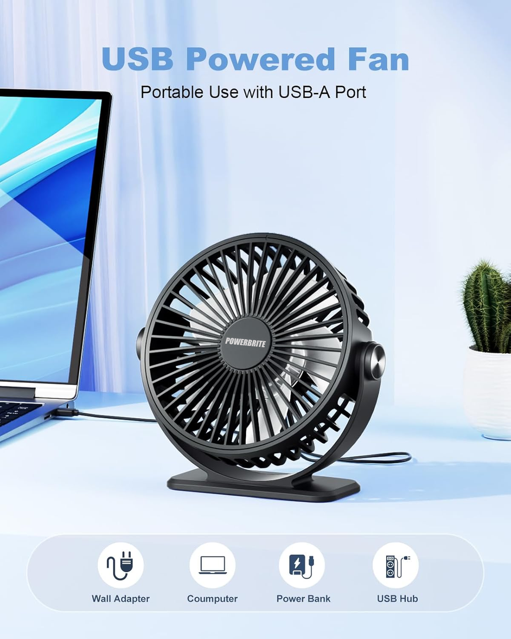 Desk Fan USB Powered Small Portable Fan, 3 Speeds Adjustable Strong Breeze Mini Personal Fans, 360° Rotation Quiet Plug In USB Fan - Black